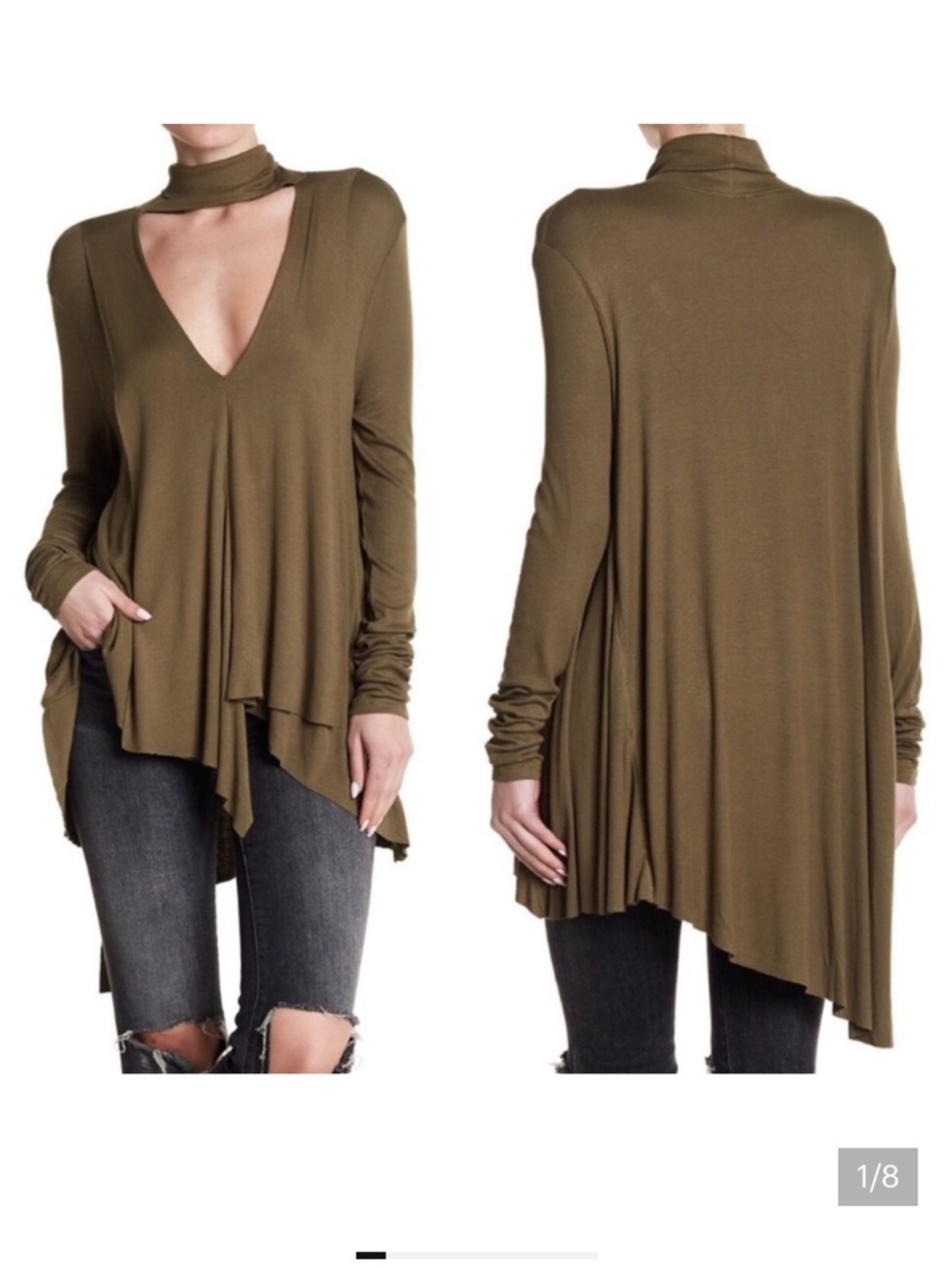 Free People Uptown Turtleneck Choker Tunic Tee Army Green XS
